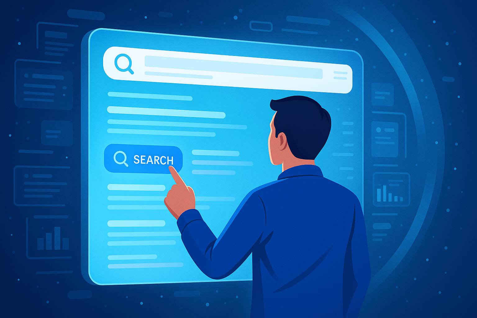 Pessoa pressionando botão de busca em interface digital, simbolizando presença online no Google