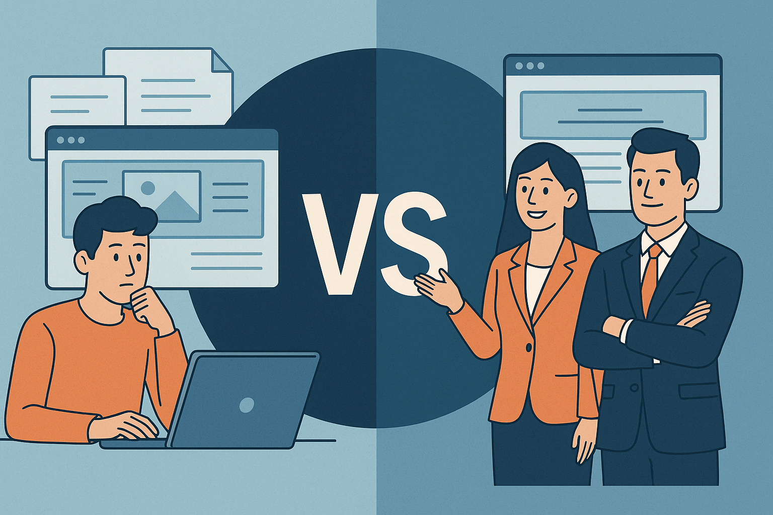 Ilustração comparativa entre site pronto e site profissional com elementos visuais equilibrados
