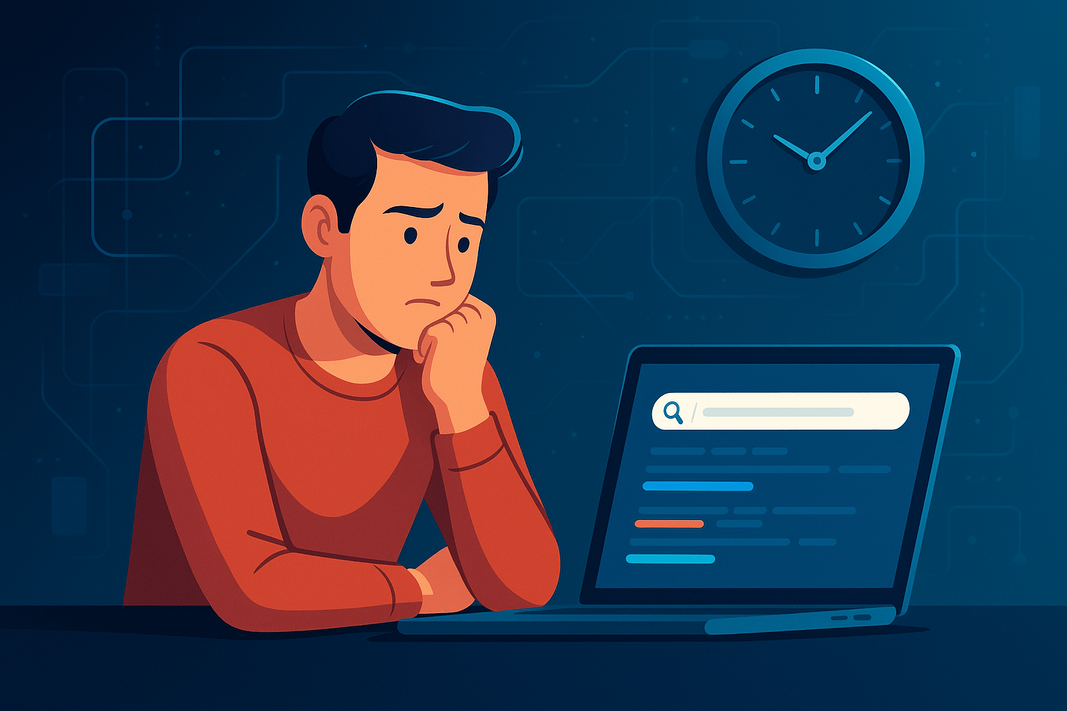 SEO é uma maratona, não uma corrida. Veja quanto tempo leva para aparecer no Google Jovem empresário analisando gráficos e prazos em tela digital sobre ranqueamento no Google