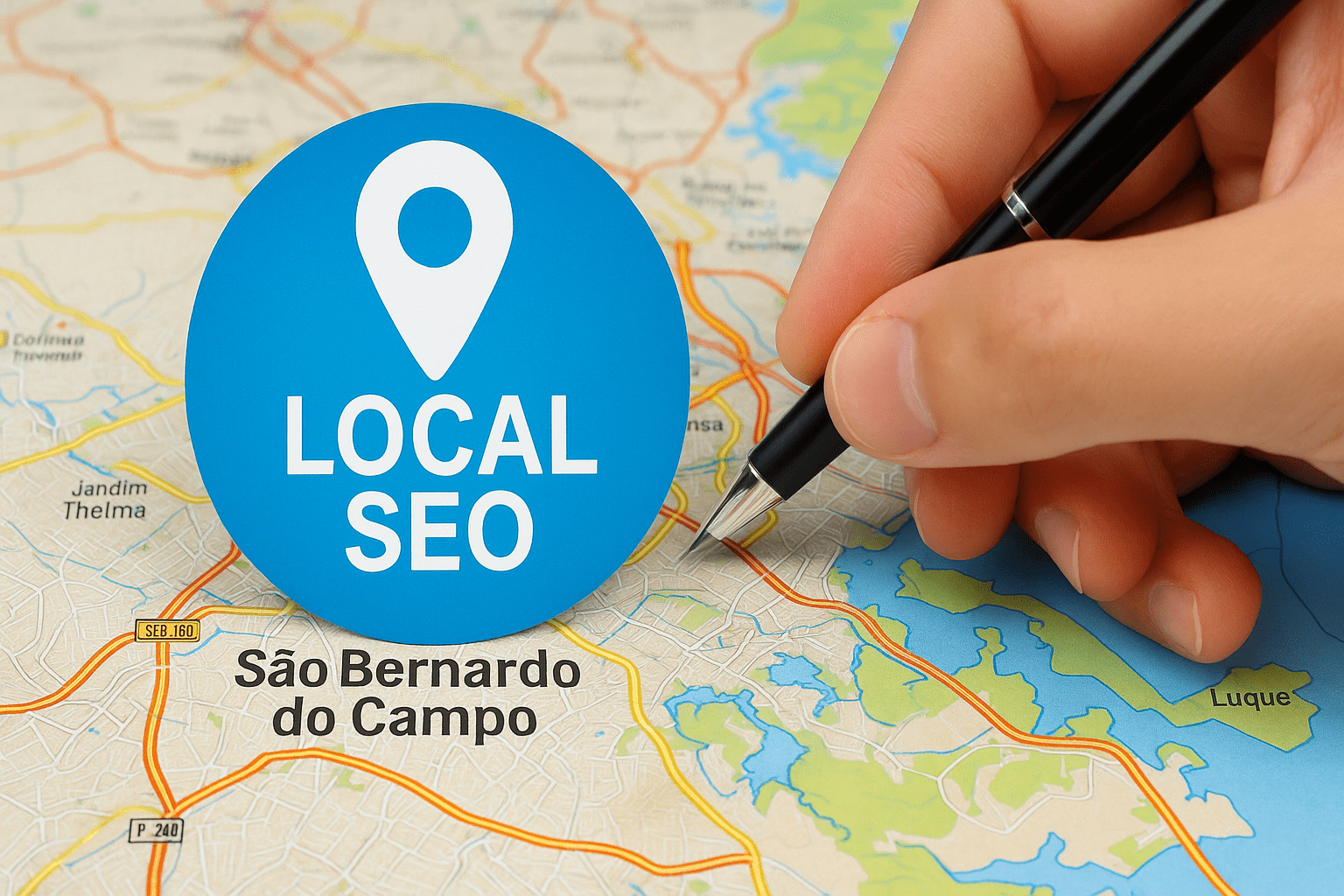 Empresário analisando mapa digital com marcadores de localização e ícones de SEO