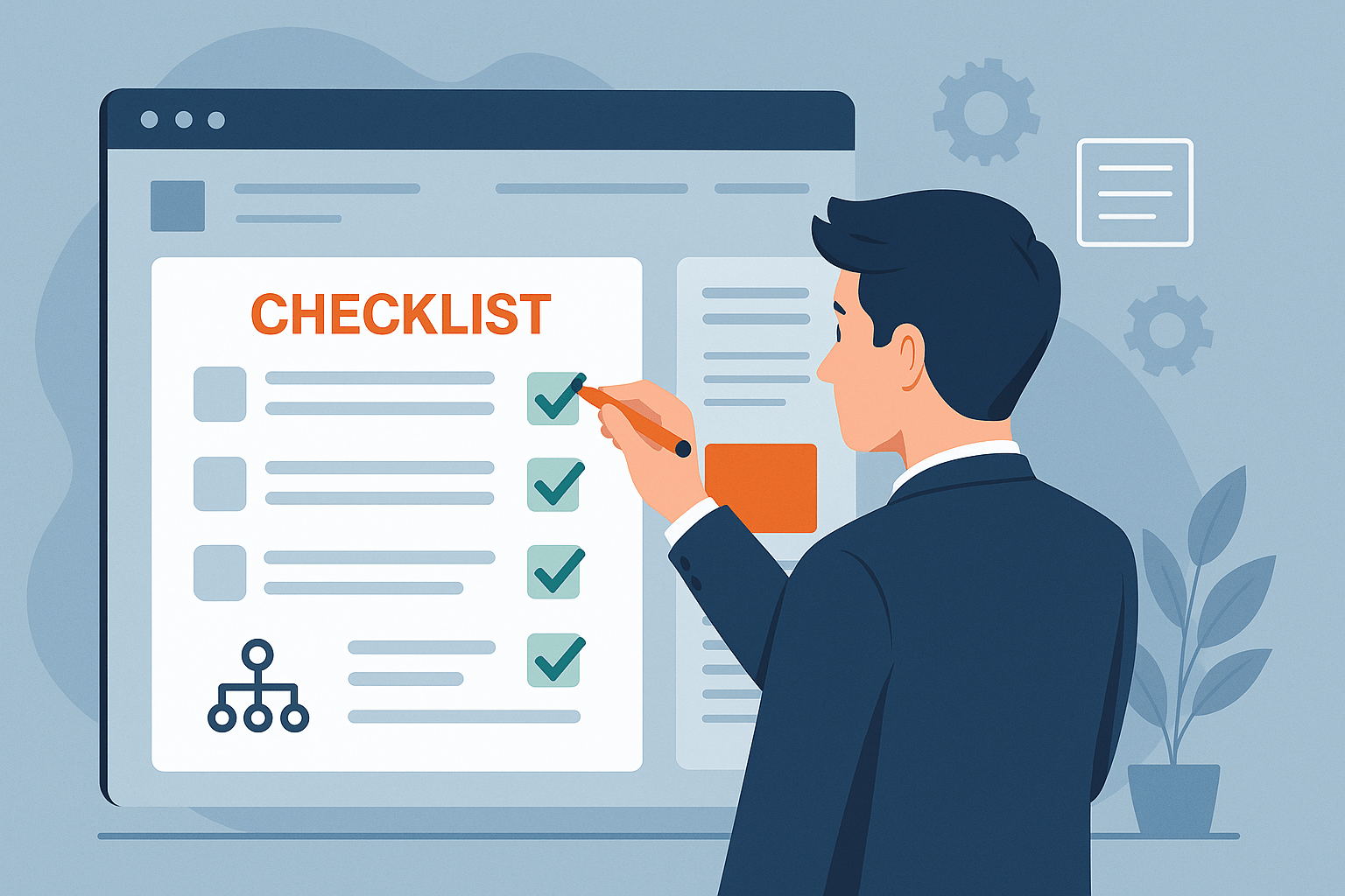 Seu site institucional tem tudo o que precisa Confira o checklist essencial Empresário revisando um checklist de elementos essenciais para site institucional