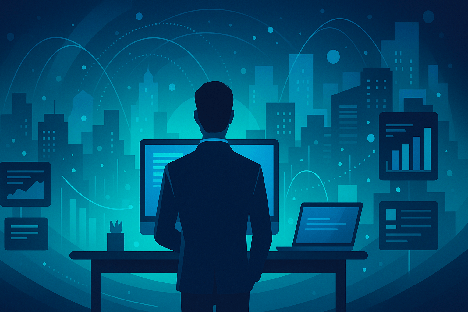 Empresário observando telas digitais em ambiente futurista, com gráficos e cidade ao fundo